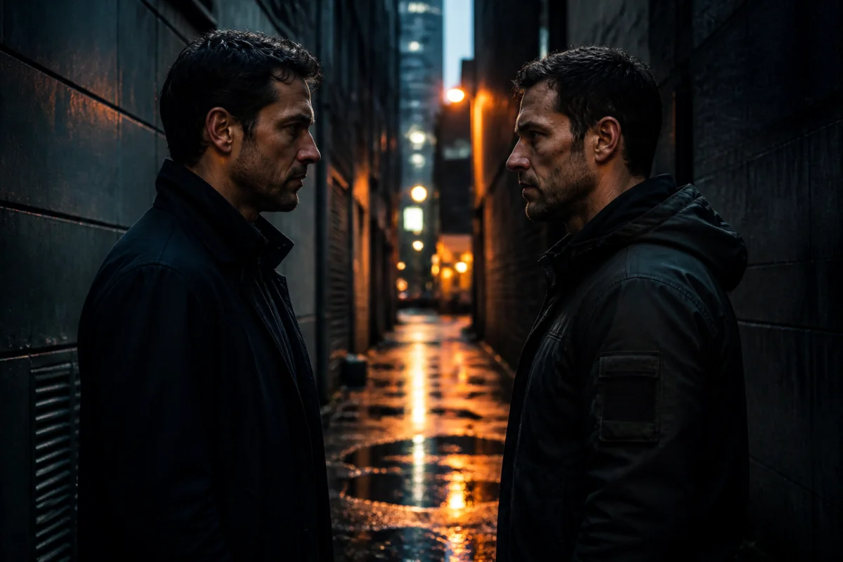 Deux hommes se faisant face dans une ruelle sombre pour illustrer l'explication de la fin de Frères ennemis.