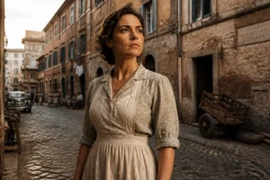 Femme italienne déterminée dans une rue romaine, illustrant la résilience et l'espoir dans Il reste encore demain.