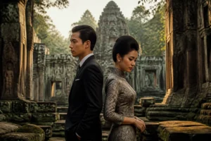 Couple élégant en tenue vintage dos à dos dans les ruines d'Angkor Wat pour une explication de In the Mood for Love.