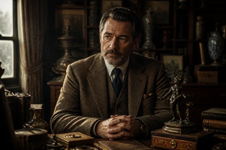 Antiquaire pensif en costume tweed dans une boutique mystérieuse pour l'explication de la fin de la série Le Cheval pâle.
