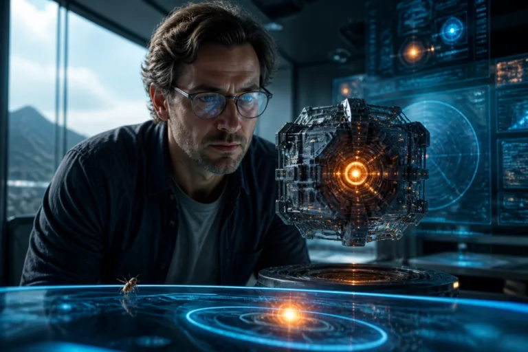 Chercheur observant une structure technologique complexe et des données astronomiques pour comprendre la fin du Problème à 3 corps.