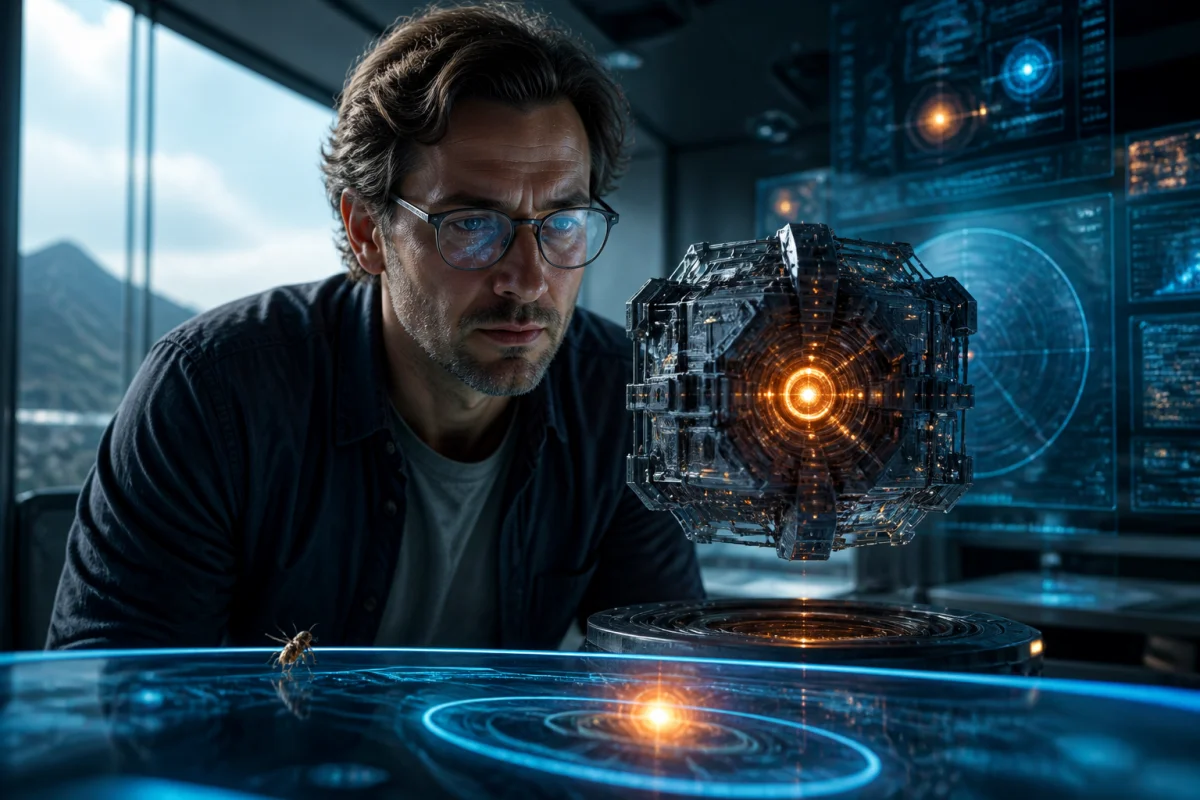 Chercheur observant une structure technologique complexe et des données astronomiques pour comprendre la fin du Problème à 3 corps.