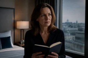 Femme pensive tenant un carnet dans une chambre d'hôtel, illustrant l'explication de la fin de la série Attraction.
