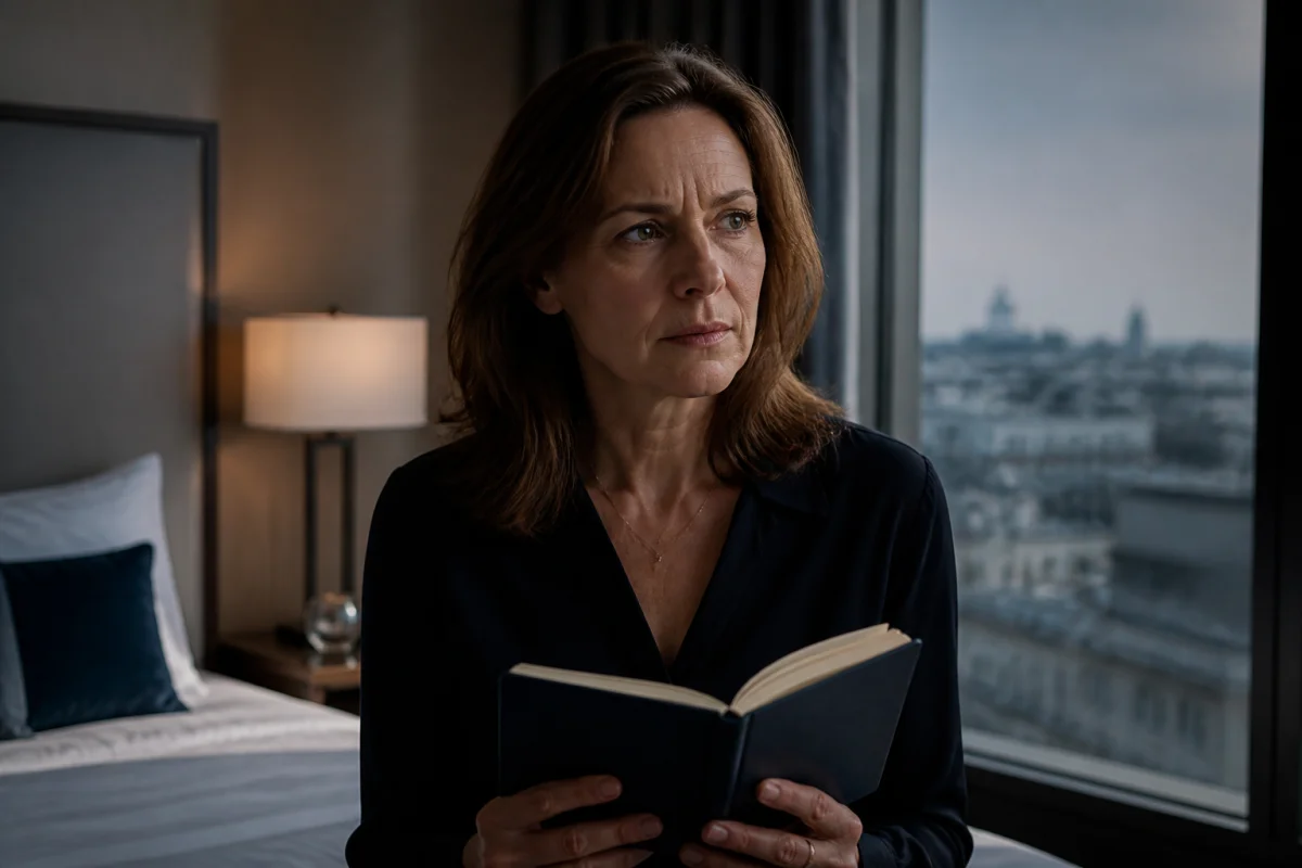 Femme pensive tenant un carnet dans une chambre d'hôtel, illustrant l'explication de la fin de la série Attraction.