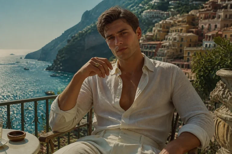 Tom Ripley élégant sur une terrasse italienne ensoleillée, illustrant l'explication de la fin du film Le Talentueux Mr Ripley.
