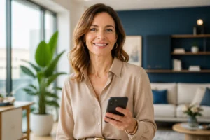Femme élégante et confiante souriant avec un smartphone dans un intérieur lumineux pour illustrer Iris et les hommes.