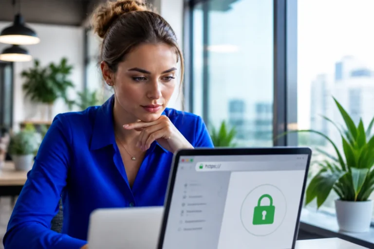 Jeune professionnelle concentrée sur un ordinateur portable affichant une icône de sécurité verte pour wifrad.com dans un bureau.