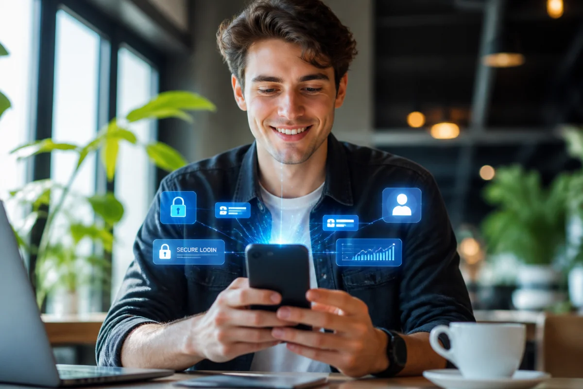Jeune personne souriante utilisant un smartphone avec interface numérique abstraite dans un café moderne pour illustrer Instov.