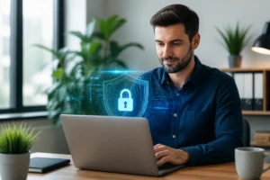 Utilisateur serein travaillant sur un ordinateur portable protégé par un bouclier numérique dans un bureau moderne naxpom.