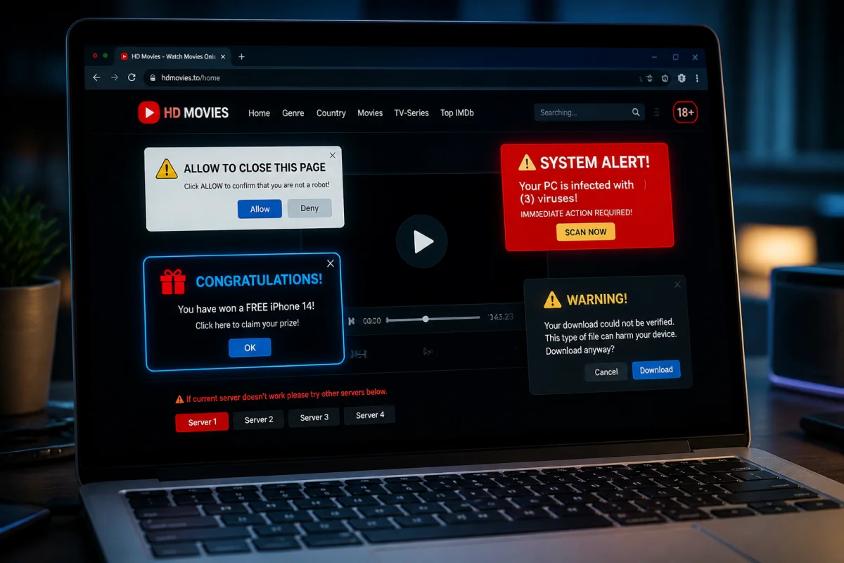 Ordinateur portable affichant une interface vidéo suspecte avec des alertes de sécurité sur wifrad.com dans un bureau sombre.