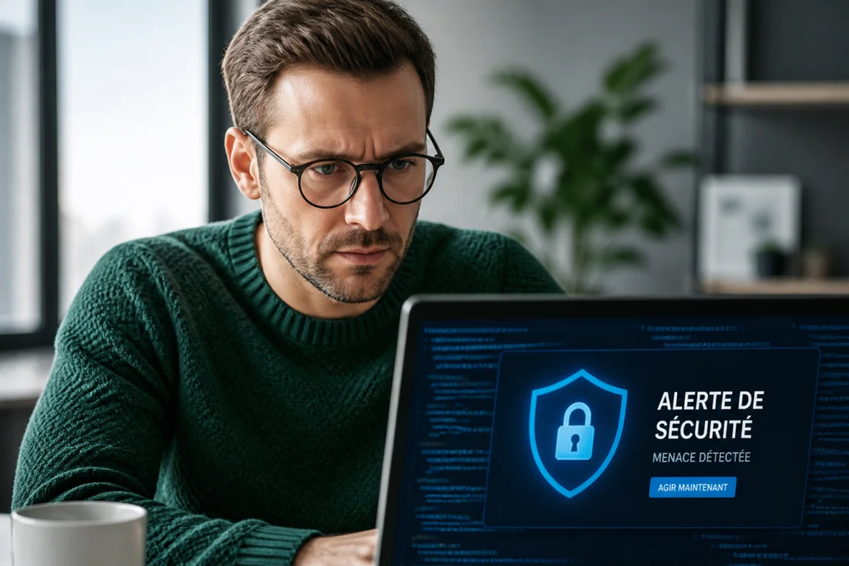 Personne concentrée devant un écran d'ordinateur affichant une interface de sécurité numérique pour la solution Instov.