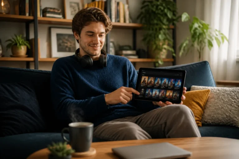 Jeune personne détendue utilisant une tablette pour choisir des films sur soponov com dans un salon moderne.