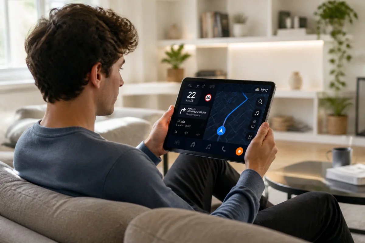 Jeune personne utilisant une tablette numérique avec une interface fluide dans un salon moderne pour soponov com.