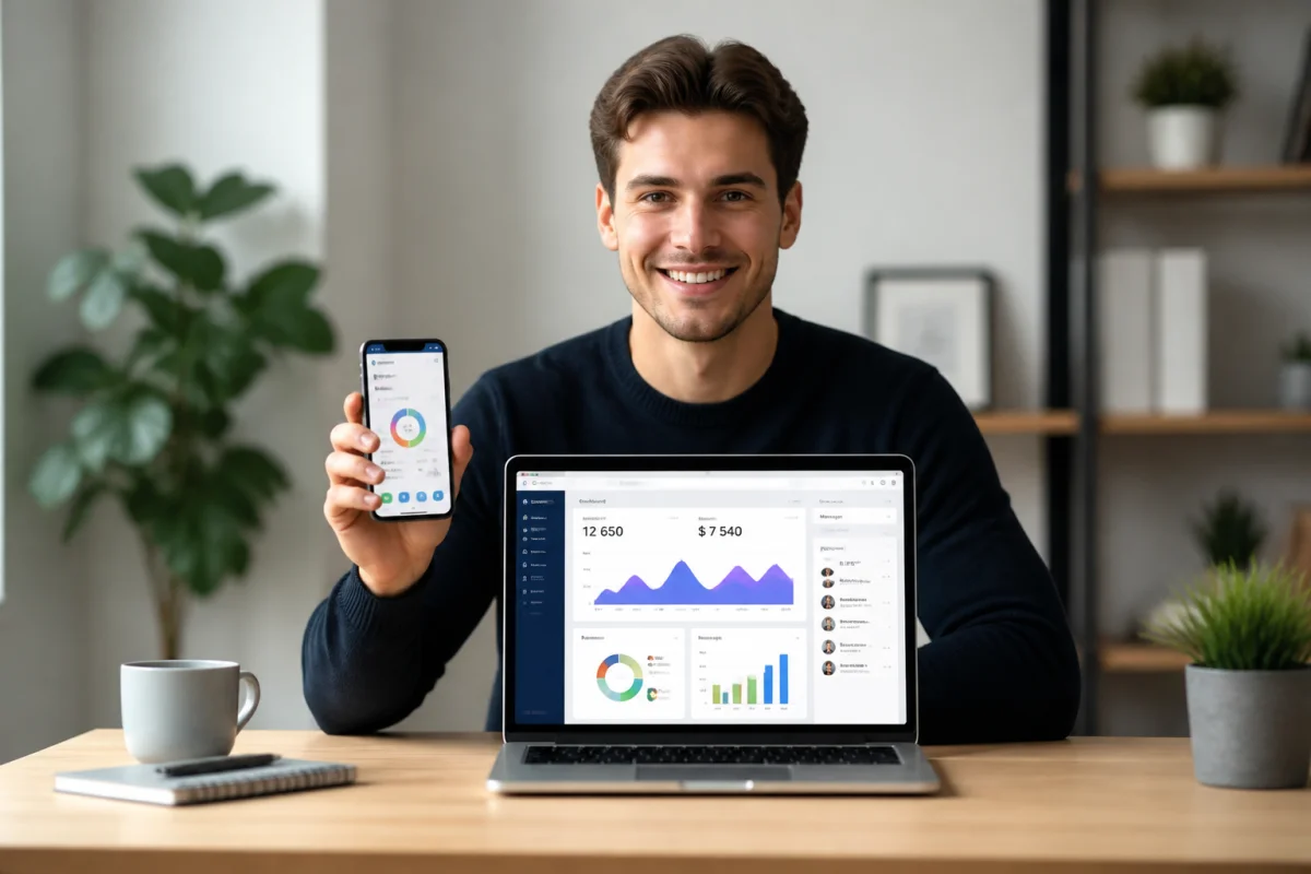 Jeune professionnel utilisant un smartphone et un ordinateur portable dans un espace de travail moderne pour Sosplaynet.