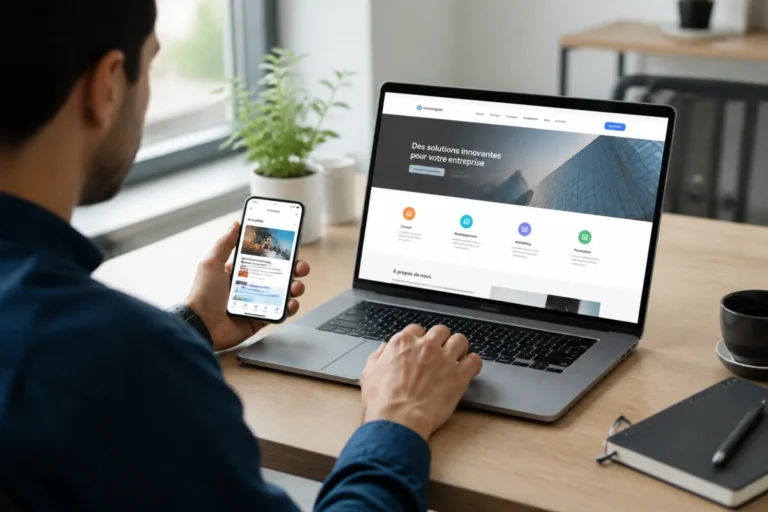 Personne utilisant un ordinateur et un smartphone sur un bureau minimaliste pour naviguer sur Sosplaynet en toute sécurité.