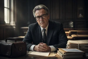 Avocat pensif assis dans un palais de justice pour l'explication de la fin de l'affaire Roman J.