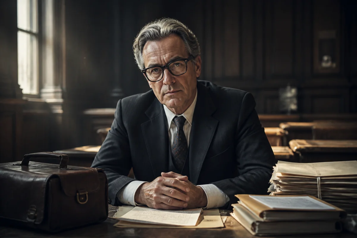Avocat pensif assis dans un palais de justice pour l'explication de la fin de l'affaire Roman J.