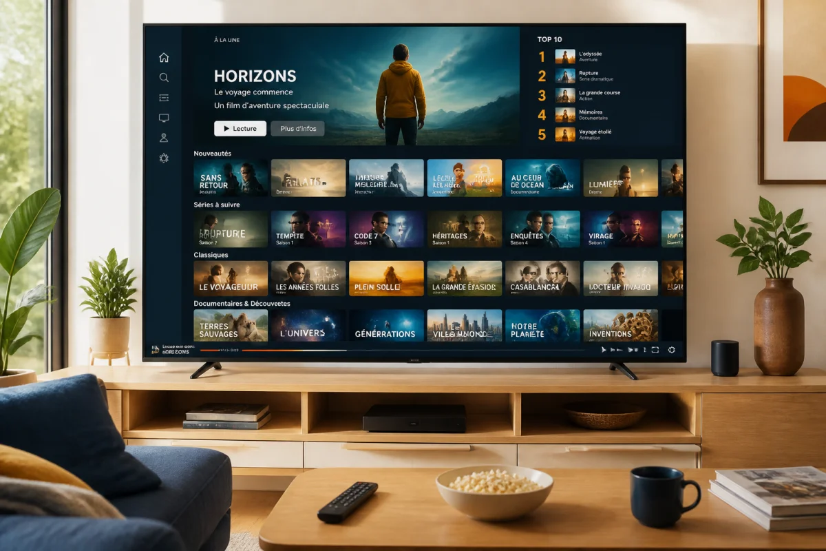 Écran de streaming Wodioz affichant films, séries, animés et documentaires dans un salon contemporain lumineux