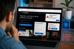 Internaute examinant CalmaTV sur un ordinateur, avec fausse adresse web, pop-ups intrusifs et alertes de sécurité visibles