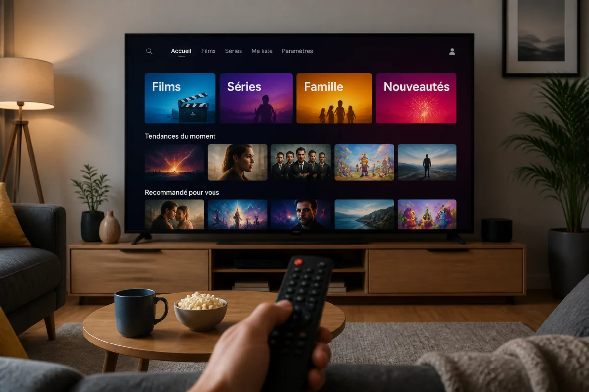 Télévision affichant une interface de films et séries légaux, avec télécommande dans un salon moderne, évoquant giga.vidstem
