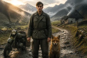 Soldat autrichien à moto et renard roux sur une route alpine, scène mélancolique évoquant la fin du drame historiqueերազմ