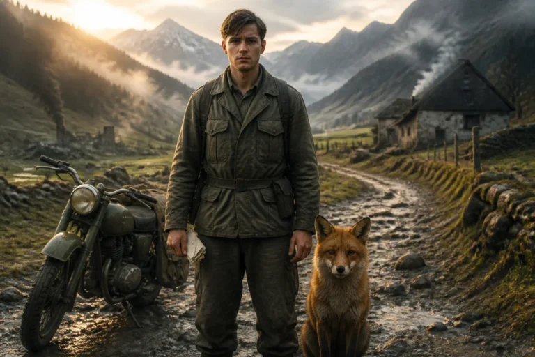 Soldat autrichien à moto et renard roux sur une route alpine, scène mélancolique évoquant la fin du drame historiqueերազմ