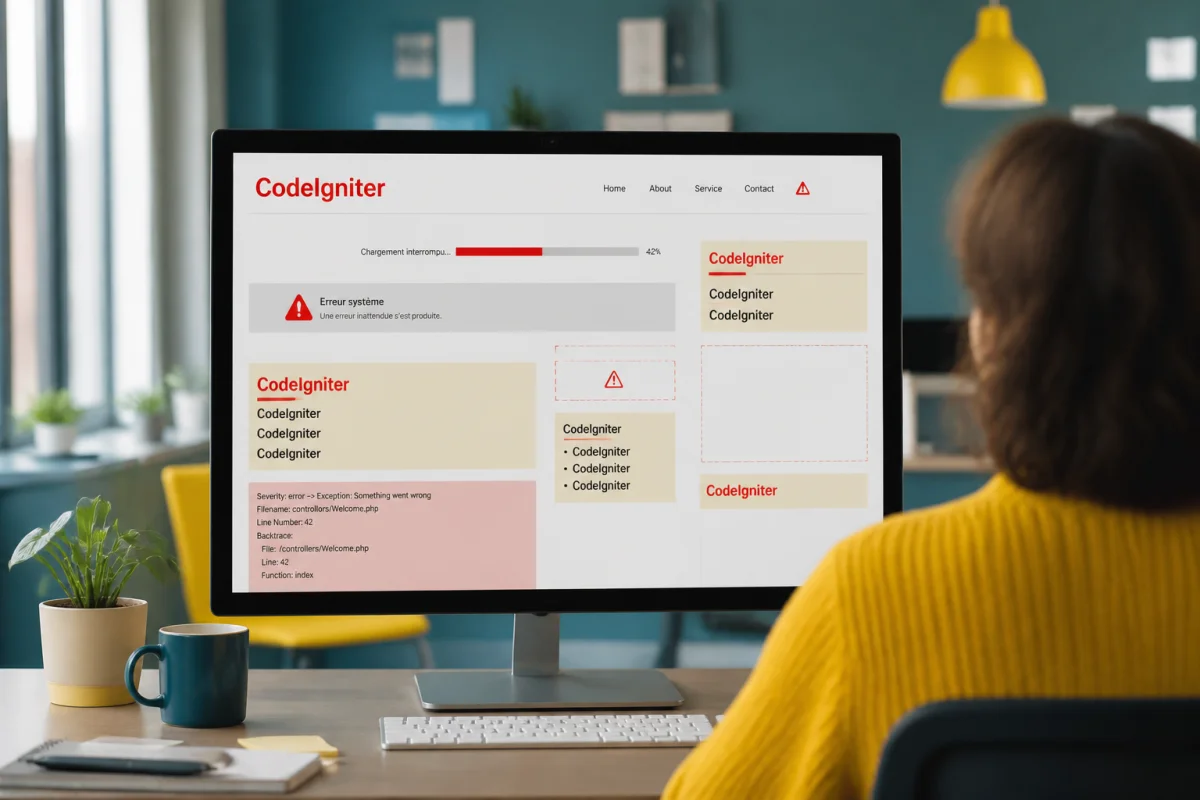 Écran d’ordinateur affichant la page instable de sibruv com, mise en page incomplète et mentions répétées de CodeIgniter.