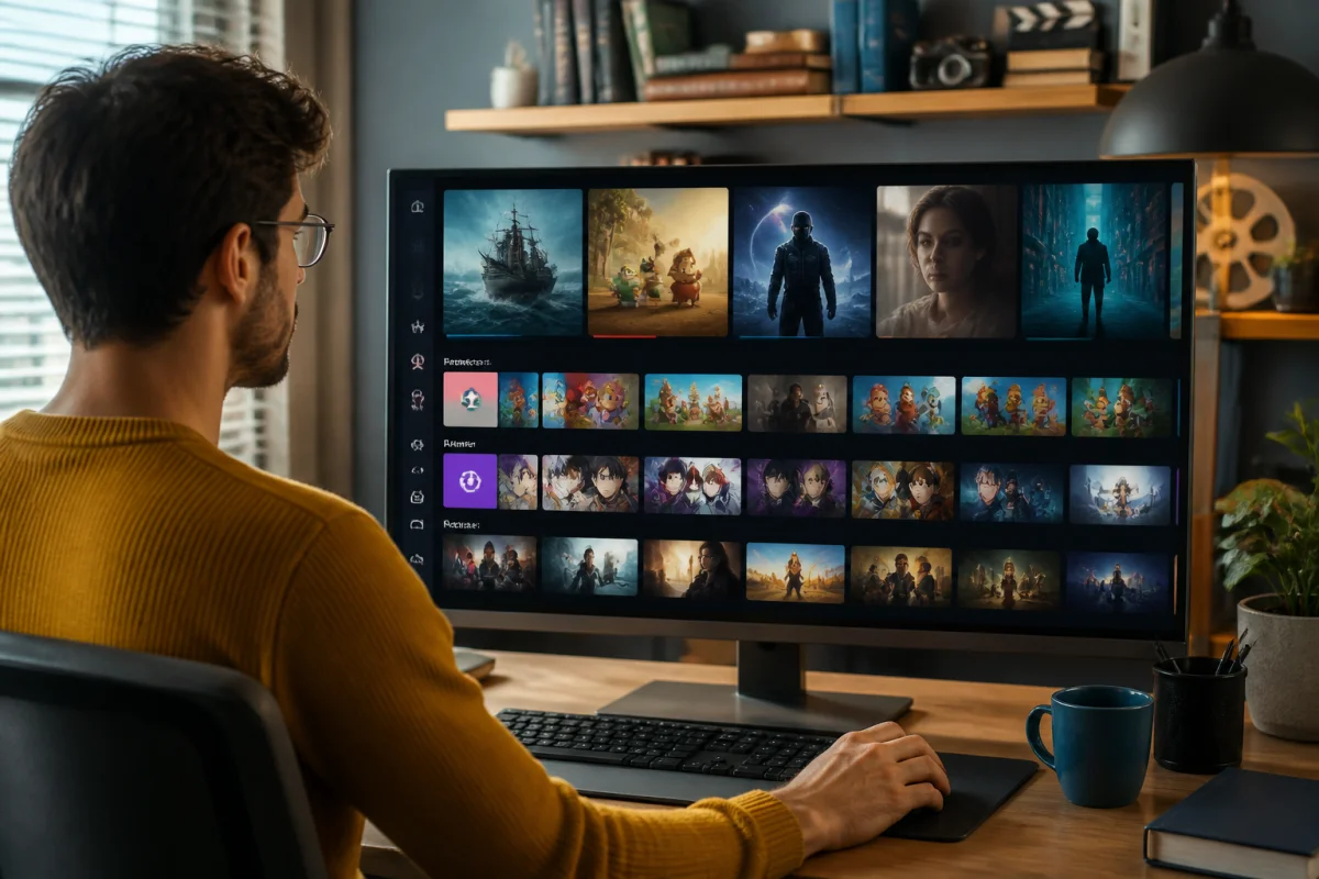 Toswi : écran d’ordinateur affichant une plateforme de streaming fictive, avec vignettes de films, séries, animation et bandes dessinées