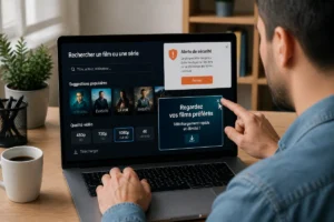 Utilisateur recherchant un film sur Toswi, fermant prudemment une fenêtre publicitaire sur une interface de streaming sécurisé