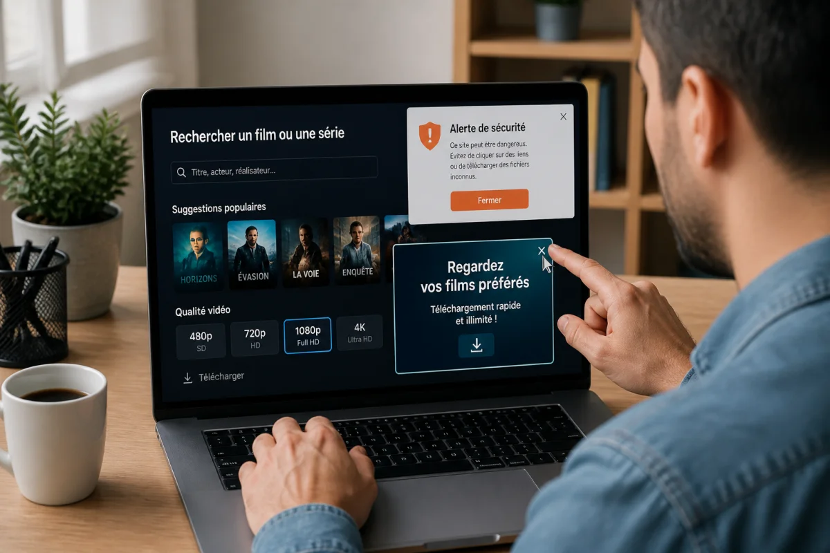 Utilisateur recherchant un film sur Toswi, fermant prudemment une fenêtre publicitaire sur une interface de streaming sécurisé