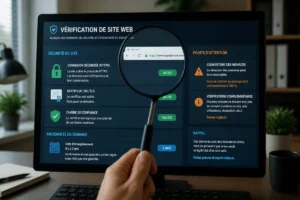 Interface de vérification de sibruv com affichant cadenas HTTPS, certificat SSL, ancienneté du domaine et avertissement de sécurité