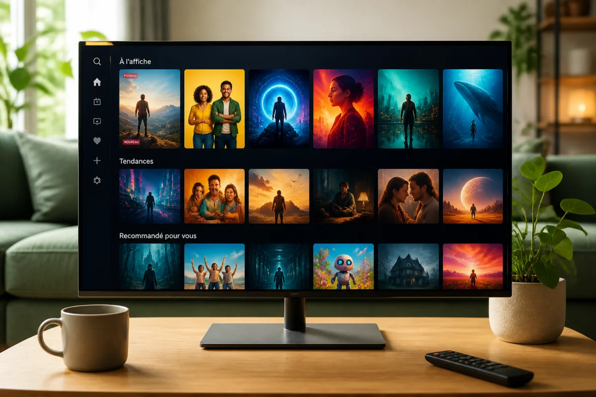 Écran affichant une plateforme de streaming fictive évoquant Wariom, avec affiches de films et séries colorées dans un salon moderne