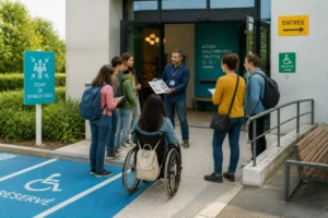 Élèves et accompagnateurs évaluant l’accessibilité d’une salle de spectacle, avec rampe, stationnement réservé et personne en fauteuil roulant