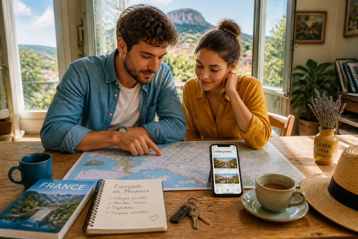 Couple préparant une escapade en France et en Europe avec carte, carnet et options d’hébergement sélectionnées par Aleocity
