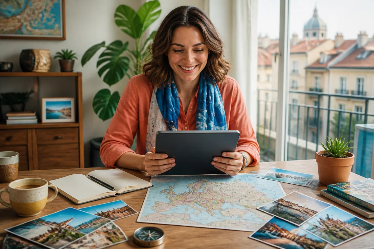 Voyageuse utilisant Aleocity sur tablette pour préparer une escapade en France et en Europe, entourée de cartes et d’idées de destinations.