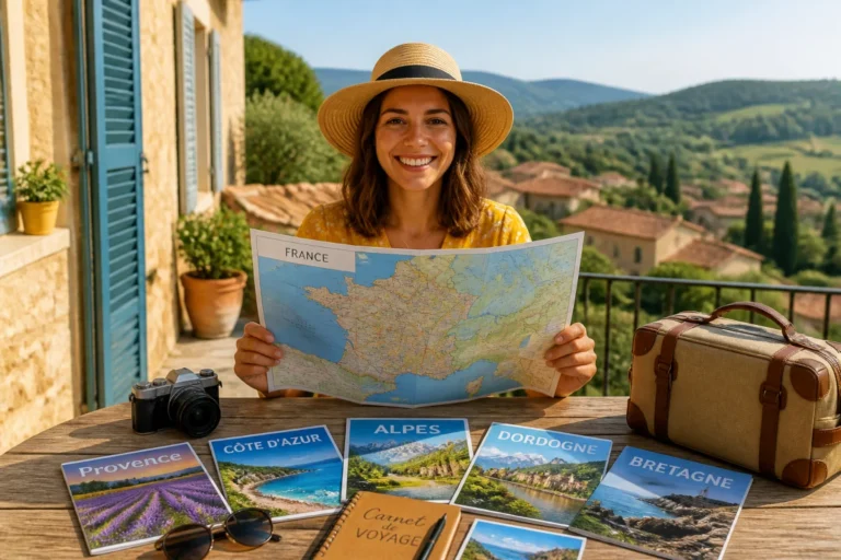 Aleocity : voyageuse souriante préparant une escapade avec une carte de France et des brochures de destinations françaises