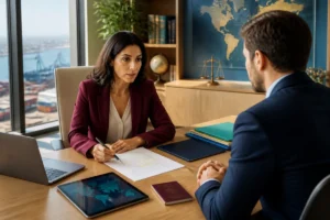 Avocate internationale conseillant un client sur un contrat transfrontalier dans un cabinet juridique contemporain