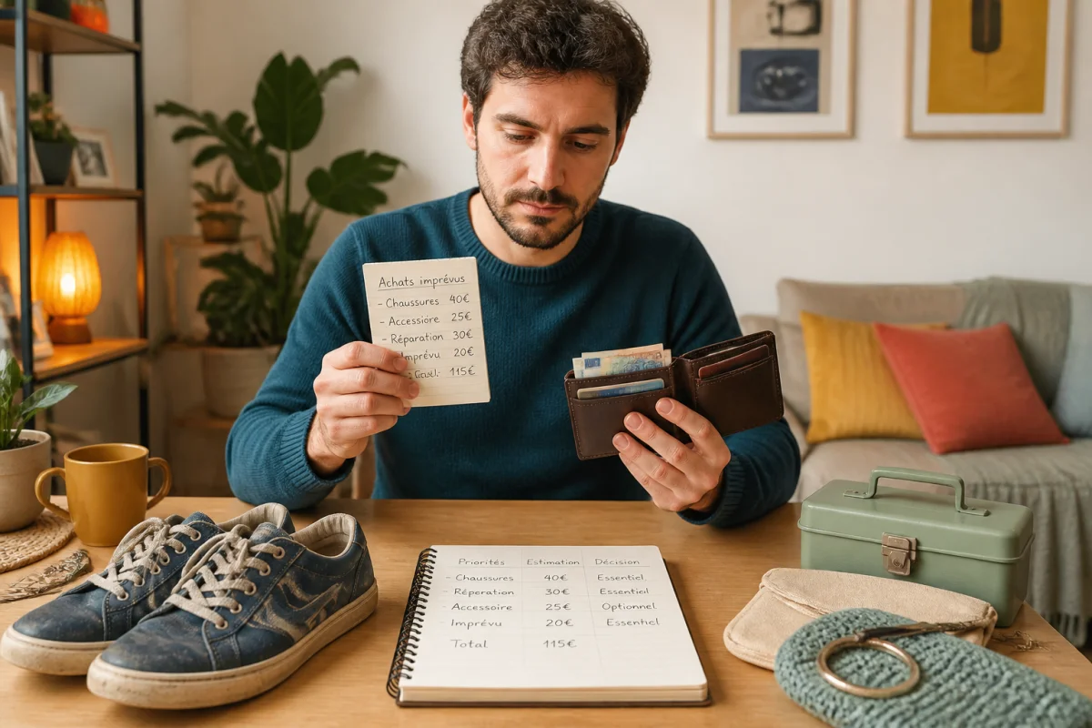 Personne comparant dépenses imprévues, chaussures usées et accessoires nécessaires pour maîtriser son budget quotidien sans se priver