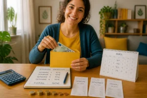 Personne organisant 40 euros pour un budget imprévu du quotidien dans une enveloppe dédiée, avec carnet de dépenses