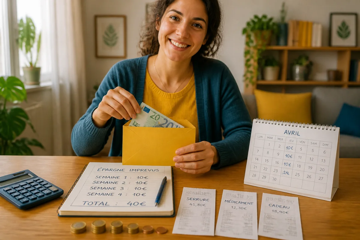 Personne organisant 40 euros pour un budget imprévu du quotidien dans une enveloppe dédiée, avec carnet de dépenses