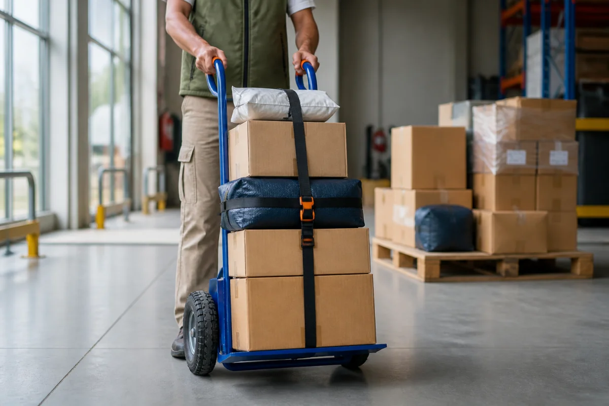 Choisir un diable de manutention professionnel transportant des cartons et un sac lourd dans un entrepôt logistique
