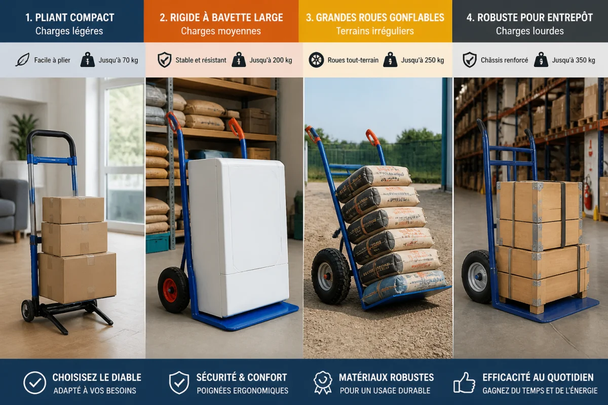 Comparatif de quatre diables de manutention pour choisir un modèle adapté aux cartons, sacs, caisses et charges lourdes.