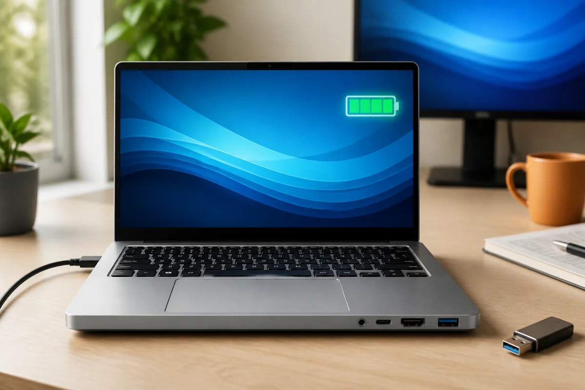 Comment choisir un ordinateur portable : modèle moderne ouvert avec batterie longue durée et ports USB, HDMI et audio visibles.