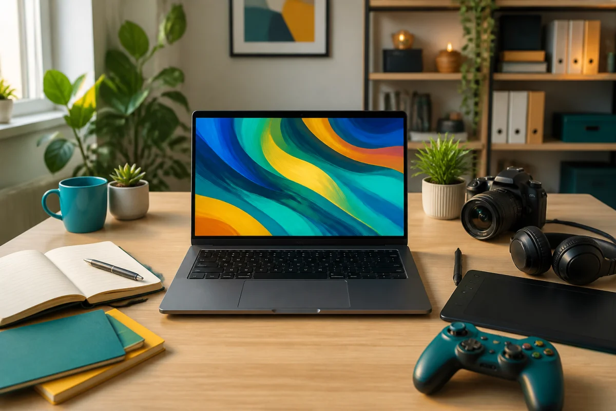Ordinateur portable polyvalent sur un bureau, entouré d’accessoires symbolisant études, bureautique, création photo, jeux et montage vidéo