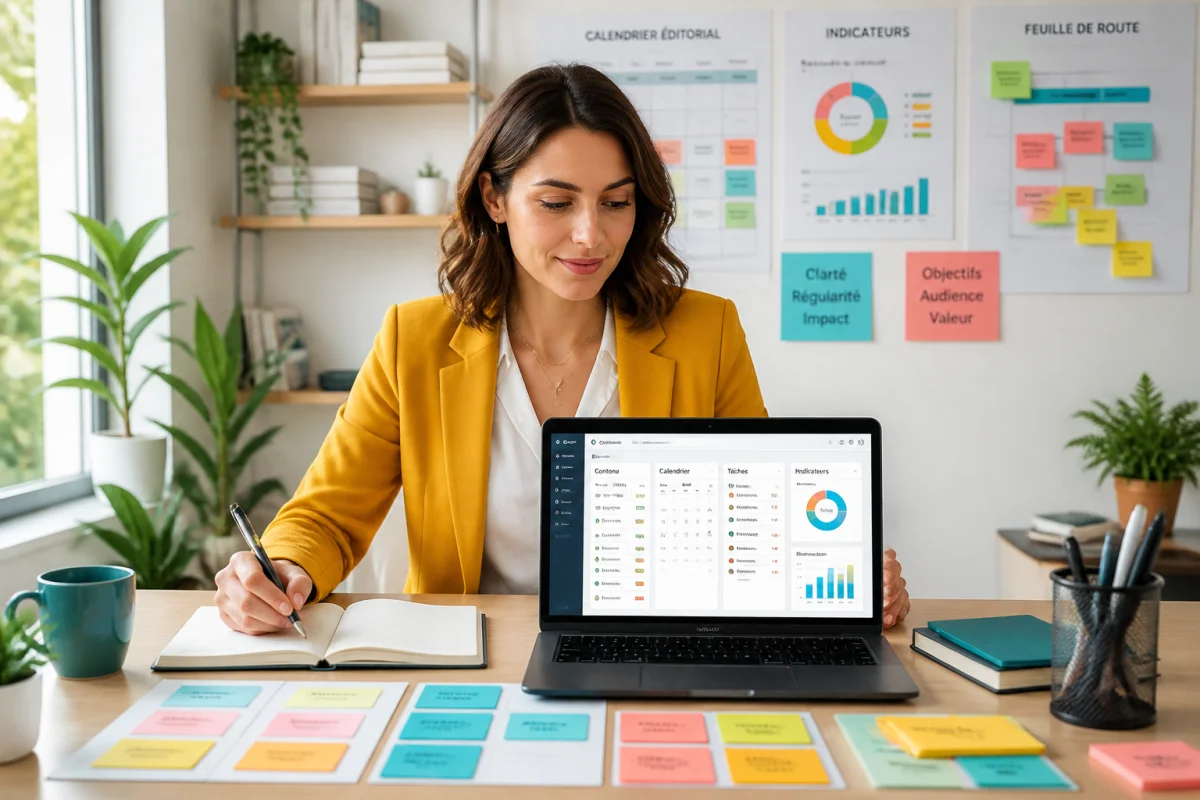 Professionnelle comparant des plateformes de contenu sur ordinateur, avec calendrier éditorial, indicateurs et notes organisées au bureau