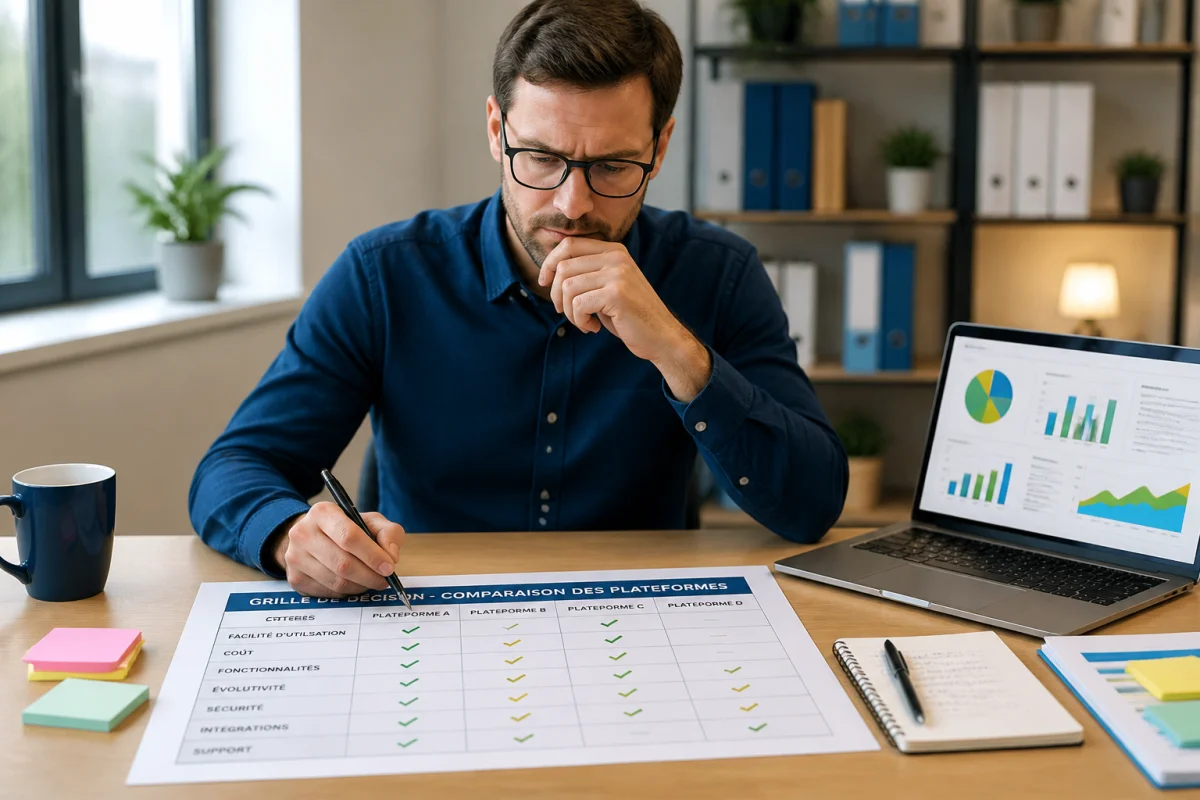 Professionnel consultant une grille de décision pour choisir une plateforme de contenu, avec ordinateur portable et critères cochés.