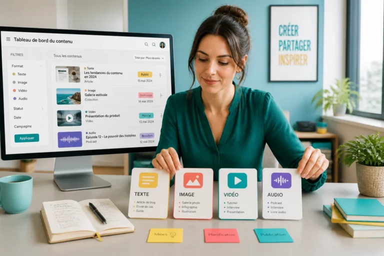 Professionnelle organisant texte, image, vidéo et audio sur une plateforme de contenu numérique moderne