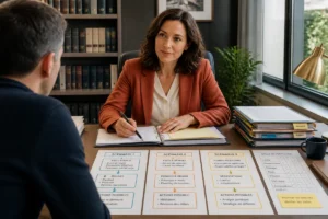 Avocate analysant des dossiers avec un client pour illustrer comment choisir un avocat avec méthode et confiance