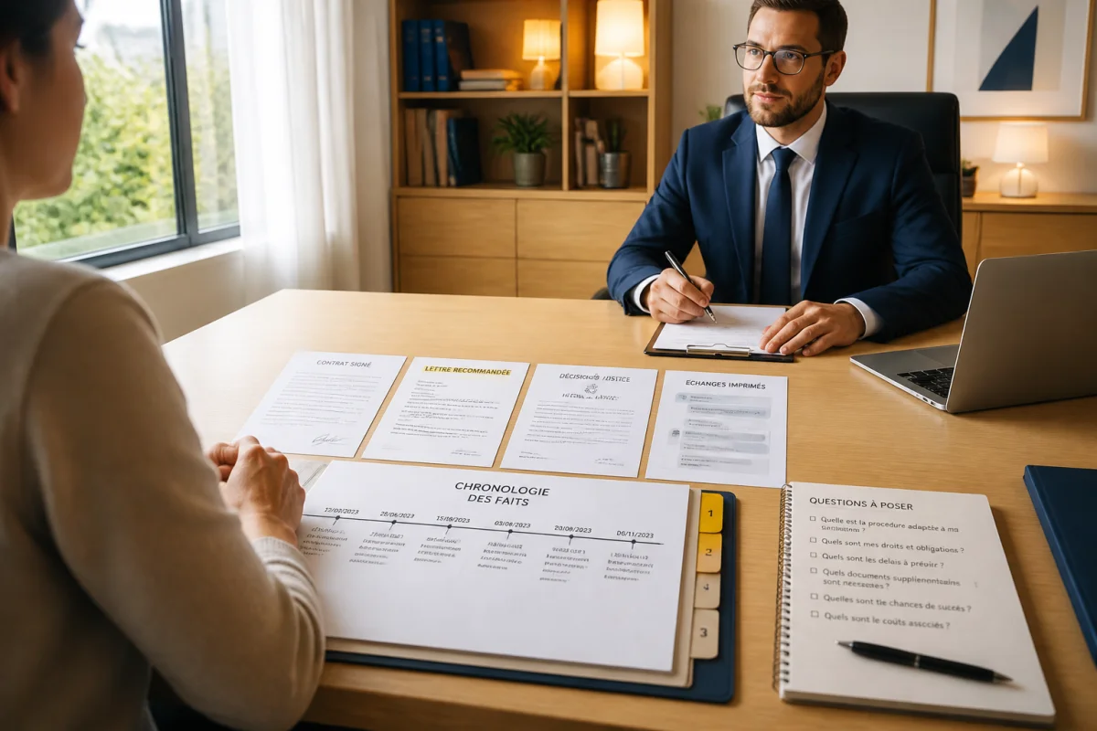 Préparer son premier rendez-vous pour choisir un avocat avec un dossier juridique organisé et une liste de questions.