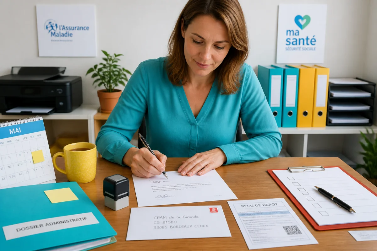 Personne préparant correctement un courrier administratif avec lettre signée, enveloppe adressée et justificatif d’envoi au bureau